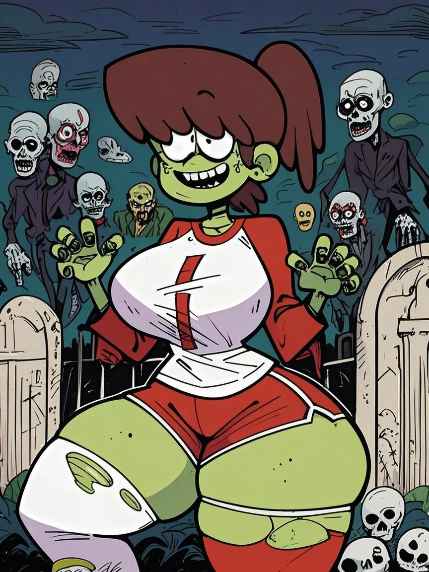 big lips, Brown hair, pink eyes, japanese face, improve, improve grin, two sides up, huge breasts, Wide hips, sexy, detailed, green room, Hits, (evil smile1.4), kawaii, pleated skirt, punk, GOOD, zombie costume, zombie shirt, zombie choker, zombie skirt, dezombie shirt,navel piercing