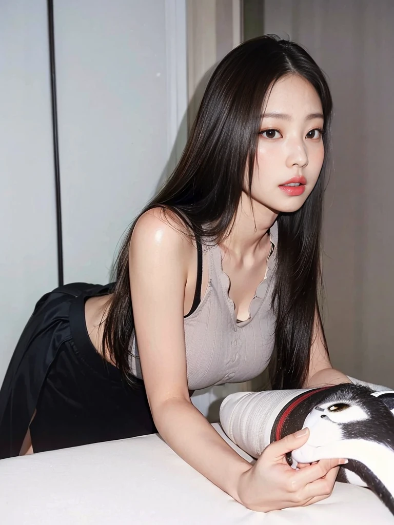 (Best quality, masterpiece, detailed), (RAW, 4k, hd images), shy, 1 girl, 17 years old, white skin, long hair, ponytail, layers hair, bangs, black hair, beautiful girl, cute girl, sweet girl, pretty girl, perfect girl, perfect body, pretty eyes, blue eyes, thin lips, (eye line, lip stick soft), perfect, glasses(detailed frame), bed, night, smile, thigh, legs, long legs, piyama, lying, pose like a model, hot pose, wall background