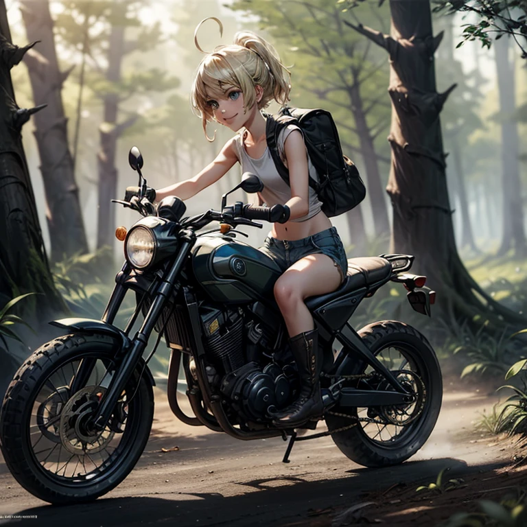 ((((masterpiece)))), expensive quality, very_expensive_solve, big_file size, Full Color, Steampunk depicting a planet of the future,, In the distant forest, A bustling foreign market, Off-road bikes. The main character is a girl with a beautiful upper body, blonde, short bob, silver, smiling, Mechanized weapons. Wearing a white tank top, Distressed denim shorts, Engineer boot, Off-road bikesに乗る. beauty,