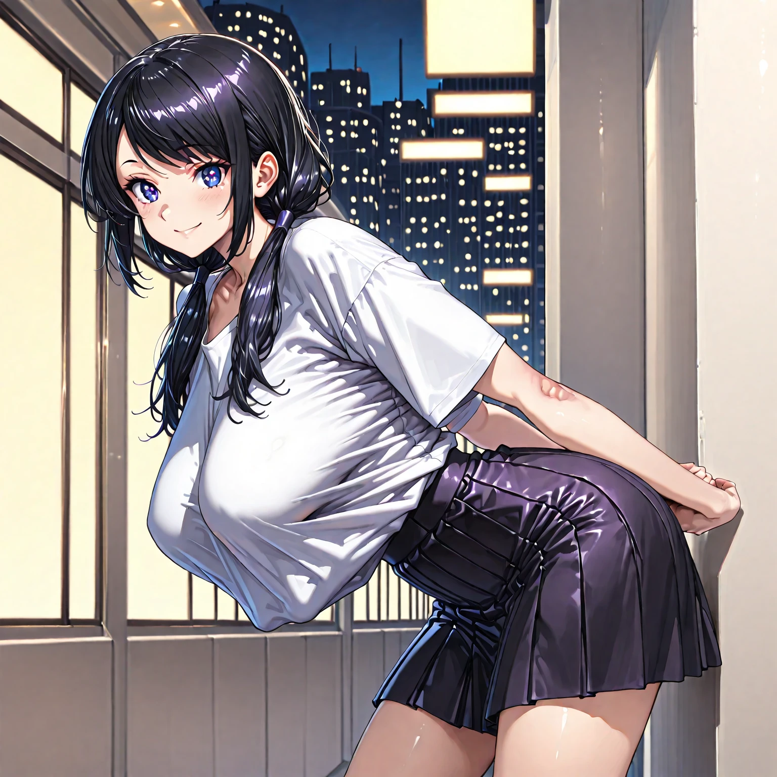 Girl, Unbuttoned shirt on a naked body, Bare breasts, chest visible, street background, openlegs, Narrow passage between houses, night, rain, slim body, In full growth, Sneakers , twin tail