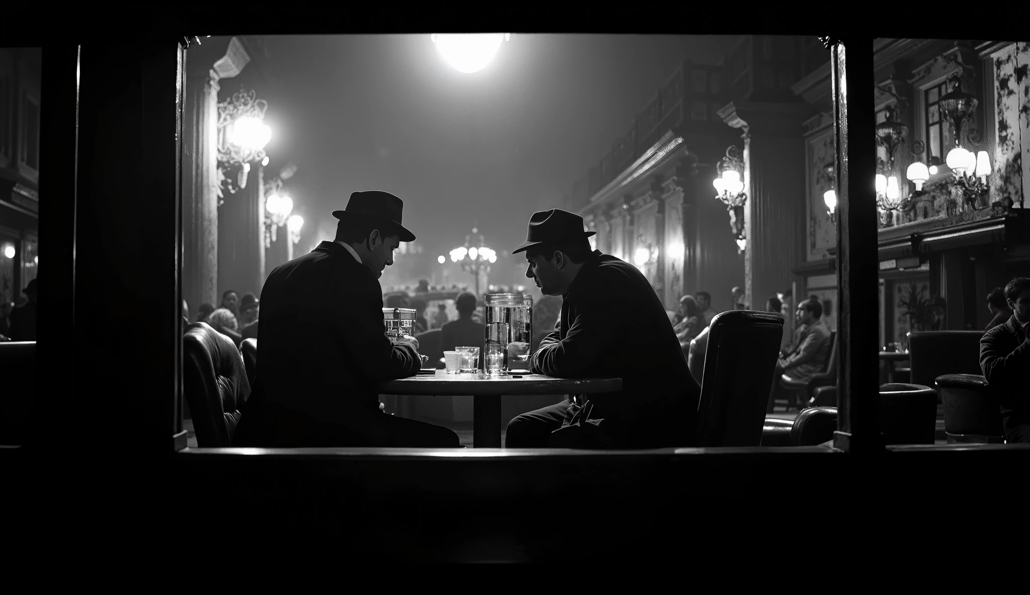 An ultra-realistic BLACK-AND-WHITE SCENE SEEN THROUGH THE WINDOW OF A PRIVATE DETECTIVE'S JAZZ BAR at night, anos 40, noir style IN A CROWDED BAR. O detetive, a middle-aged man in a fedora hat and crumpled suit, is seated in a leather chair behind a wooden table inside a jazz bar, BEBENDO WISK, RED NEON LIGHTS mingle with cigarette smoke."