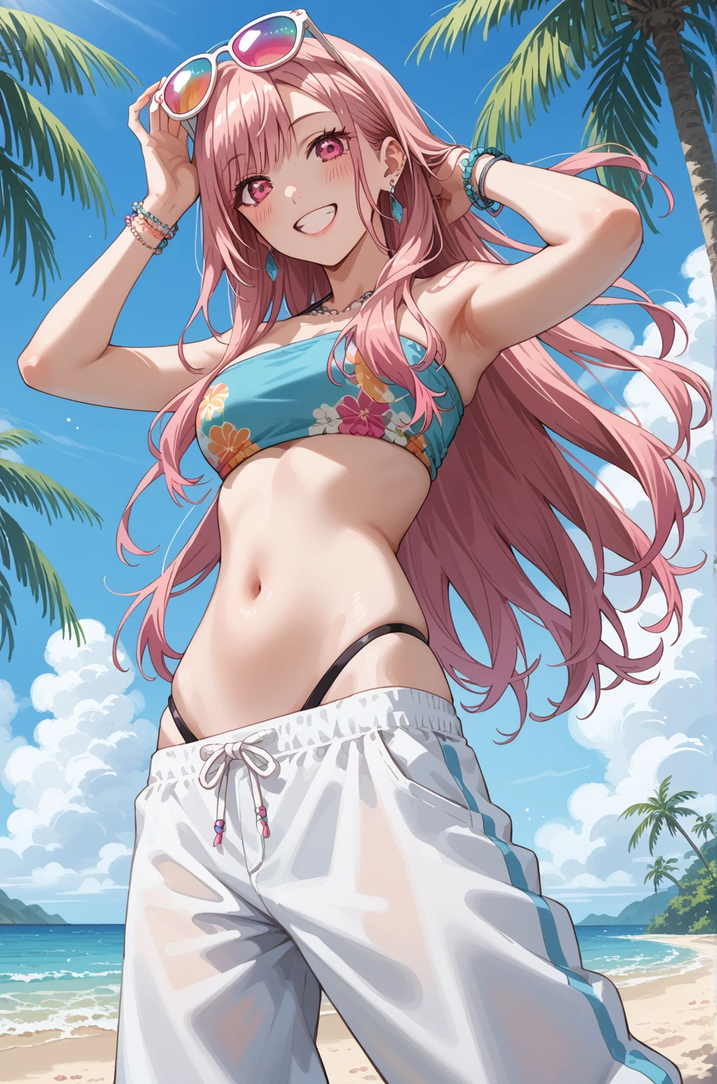 (realistic+anime):0.5, (Anya:1.4), (cute face:1.2, womanly features), tall and muscular man, beachwear outfit, perfect abs, fair skin, shoulder-length pink hair.