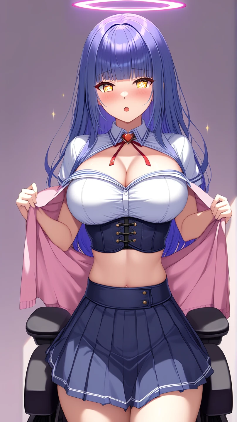 1 Female,High definition,high resolution,Ultra-realistic,8K, kr1, multicolored hair, dyed bangs, long sleeves, bow, pink dress, white vest, white skirt,tight skirt , miniskirt,European,sexy,Upper body close-up,Photographed from the front,Dynamic Angles,private teacher,blush, big tits, (nipples) ,show tits,4k, high resolution, detailed face,((upper body)),(wide thighs:1.4)