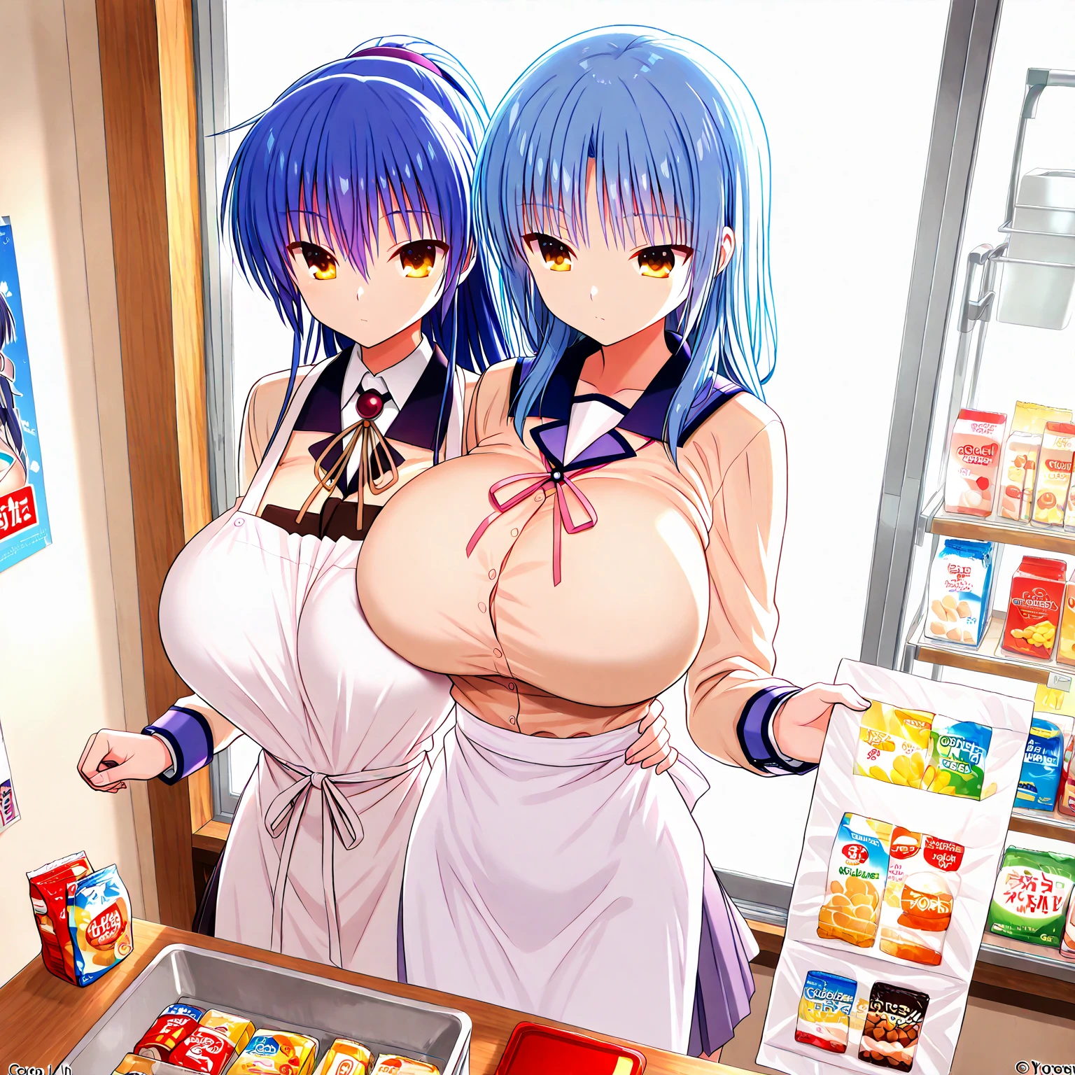 Highest quality、super high quality、16K, Delicious breasts、topless、Nipples、Facial expressions are random、The place is a convenience store、 Hair color is blue、The pose is with the butt facing the viewer.、The distance is random、Angles are random、Small face、Very delicate facial expressions、Delicate eye depiction、Highly detailed hair、Erotic、18-year-old female、Glowing Skin、Soft Skin、The only sexy Japanese woman、The clothes are random convenience store clerks、1 female、Sexy ass、The focus is on the butt、