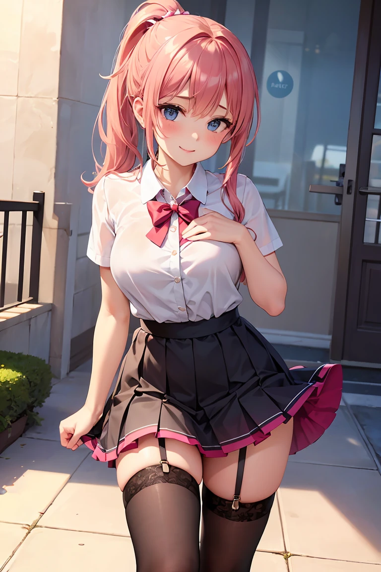 (masterpiece:1.3, top-quality, ultra high res, ultra detailed), (realistic, photorealistic:1.4), beautiful illustration, wearing knit sweater & miniskirt, (Flirtingly lifting her skirt to show her panties:1.3),perfect lighting, natural lighting, colorful, depth of fields, surrealism, (embarrassed,blush:1.3),
beautiful detailed hair, beautiful detailed face, beautiful detailed eyes, beautiful clavicle, beautiful body, beautiful chest, beautiful thigh, beautiful legs, beautiful fingers, shiny skin,
looking at viewer, 1 girl, japanese, high school girl, (perfect anatomy, anatomically correct, super detailed skin), cute and symmetrical face, babyface, perfect face, perfect eyes,
(middle hair, two side up, pink hair), crossed bangs, purple eyes, drooping eyes, big eyes, long eyelashes, (large breasts, seductive thighs, skindentation), slender, outstanding style,
((detailed cloth texture, white collared shirt, blue pleated skirt, dark red neck ribbon), black thigh-highs, loafer),
(beautiful scenery), late afternoon,hands on chest, (lovely smile, upper eyes, open mouth small),