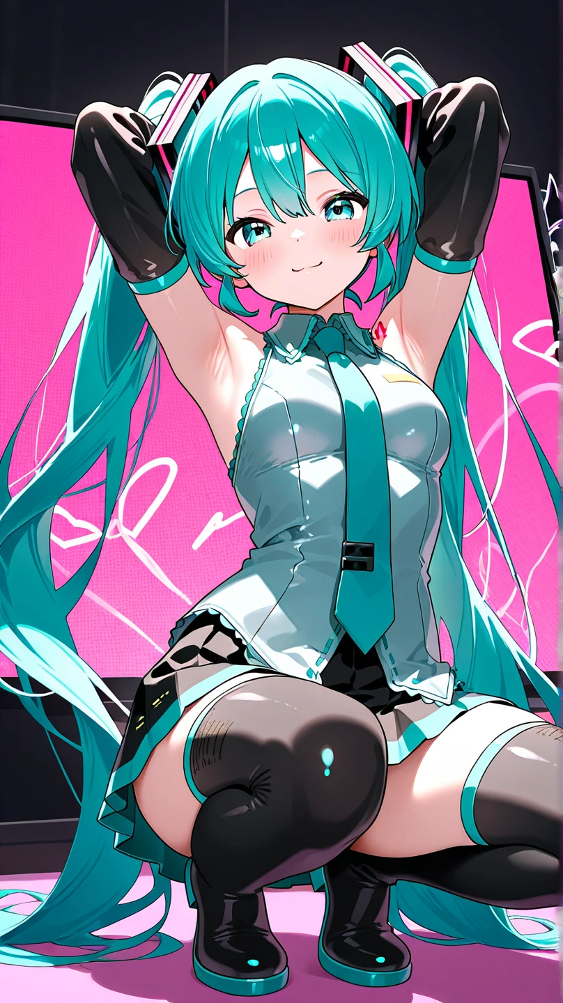 NSFW，high-level image quality，miku hatsune、(Small chest chest:1.3)、(grabbing on breasts:1.3)、(Wearing sweat:1.4)、(Girl trembling with sexual climax:1.4)、A smile、put out the tongue、((Heart-shaped pupil))、Squat，(urinate)，open one's legs、vaginal，Spread ，masturbation，vaginal,sex，3 boys，attract the attention of the crowd on the street，a park，Naked coat，Squat，