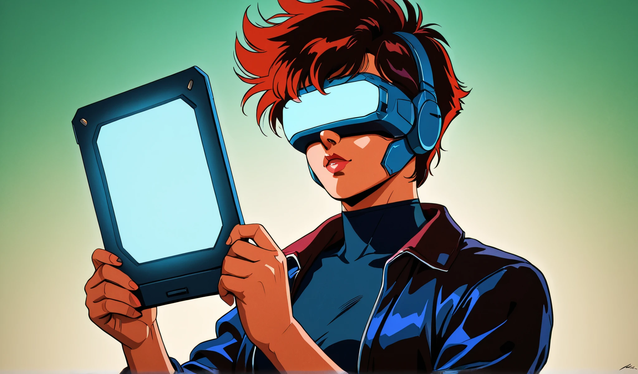 cyberpunk women using virtual reality, dark retro 80s