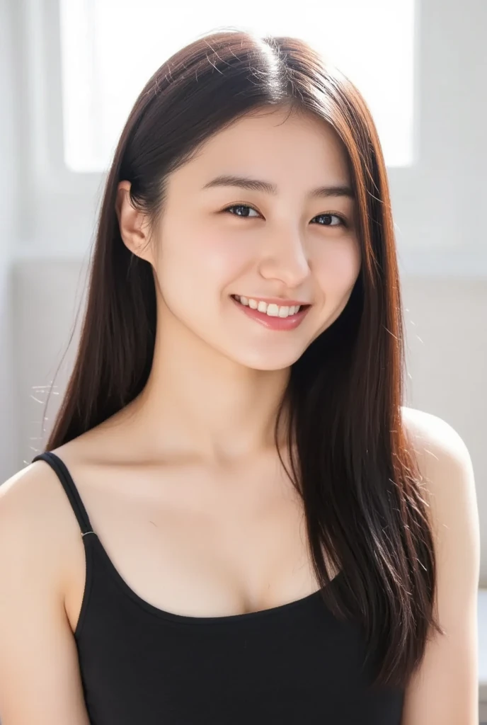 highest quality, masterpiece, Ultra-high resolution, realistic:1.3, solo:1.3, ((Clear Face)), upper body, from front, leaning forward, (glowing skin), (looking at camera:1.3), (white tank top, black leather leggings), standing in room, (medium chest:1.3), long hair, smile, soft brightness