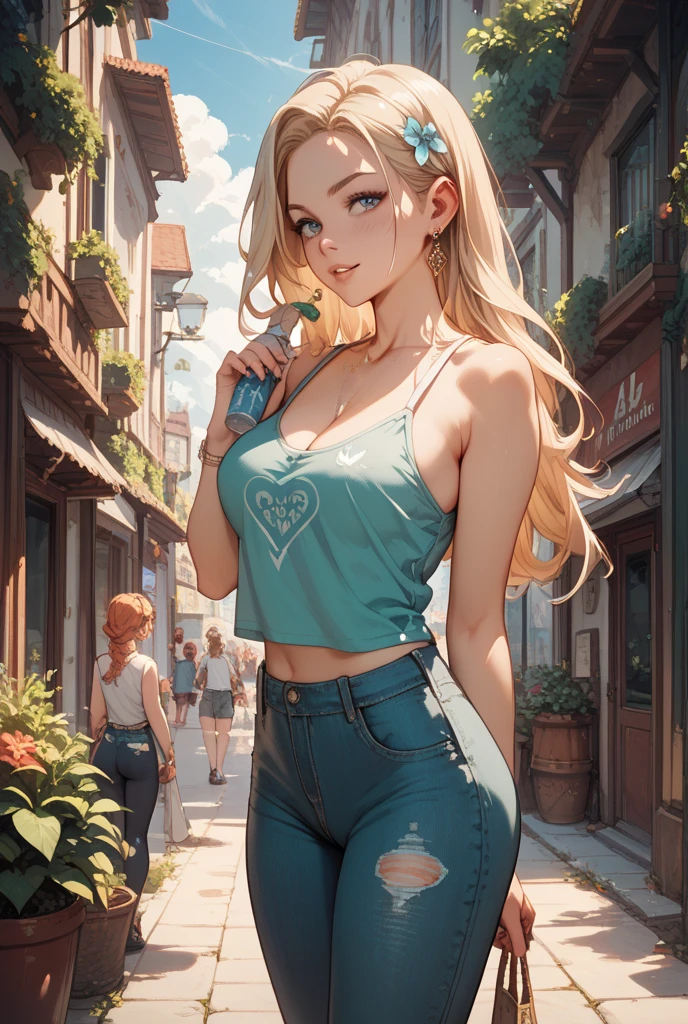 skinny blonde girl , huge boobies , cropped and skirt , long hair , beautiful , gigantic boobies , big tits , sexy , innocent , smart