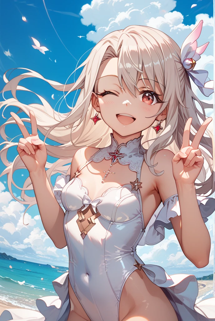 Close-up of a woman in a yellow and white outfit、1 girl、Shortcuts、Gray Hair、She is 16 years old、Brown Skin、Wearing a white bikini、Beautiful brown eyes、Lean and muscular body、barefoot、Colorful Bracelets、Colorful anklets、Laugh brightly、Dance cheerfully、Upper body close-up