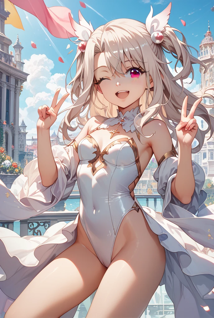 Silver hair, pink eyes, woman, sun and cloud background, red clothes, hair bows, happy face, mermaid outfit, sexy, cat ears, hearts, floating hearts, thigh up, thigh high tights, one leg up, laid back