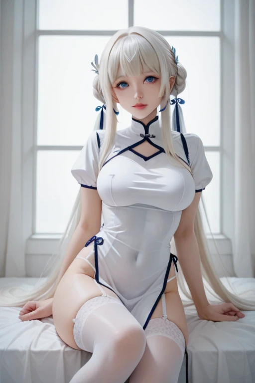 white nurse uniform of the miniskirt length, super high image, super detail, super high resolution, anime, manga, illustration, intelligent beauty, white glossy short wavy flowing layered messy hair, blue big sparkling sharp eyes, red alluring moist thick lips, ecstatic expression, amorous expression, seductive look, large breasts, under boob, side boob, great proportion, perfect proportion, slender, full body, dark blue lace bra and thong panty, black knee high socks, thighs, lingerie, transparent, professional lighting