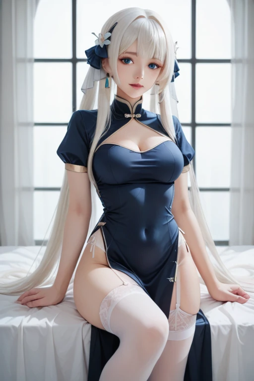 Highest quality、Highest quality、16k quality、Highly detailed figure、Highly detailed face、Highly detailed eyes、Highly detailed nose、Highly detailed facial expressions、Highly detailed costume、Highly detailed hourglass shape、Highly detailed feet、Highly detailed thighs、Being in reality、、Light blue hair、Twin tails、Noel Silva、main character、、He wears a long white chemist's lab coat, unbuttoned、You can see the shape of the chest、E Cup、Wearing a brown belt、Purple inner lining is visible、Folds、Purple Very Short Skirt、A long white skirt on top、Only the front is cut、White tights、Close to the skin、Tight、Full body photo、Are standing、Emphasizes the beauty of thigh muscles、Full body photo、Front view、