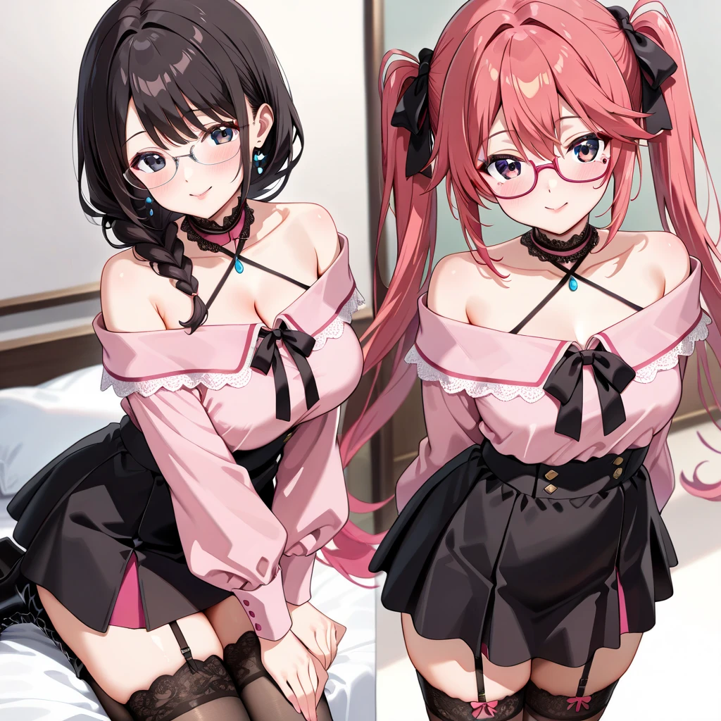 2 Girls with pink hair, long twin-tail hairstyle, ((small pink bushy eyebrows)), dressed in gothic lolita clothing, lolicon (Zankuro) drawing style by zankuro artist, Zancro style, image uploaded to R34, ((flirty smile)) , in restaurant, lifting her dress to show her wide and naked hips, underwear in her hands, ((with a question expression )) semen on mouth