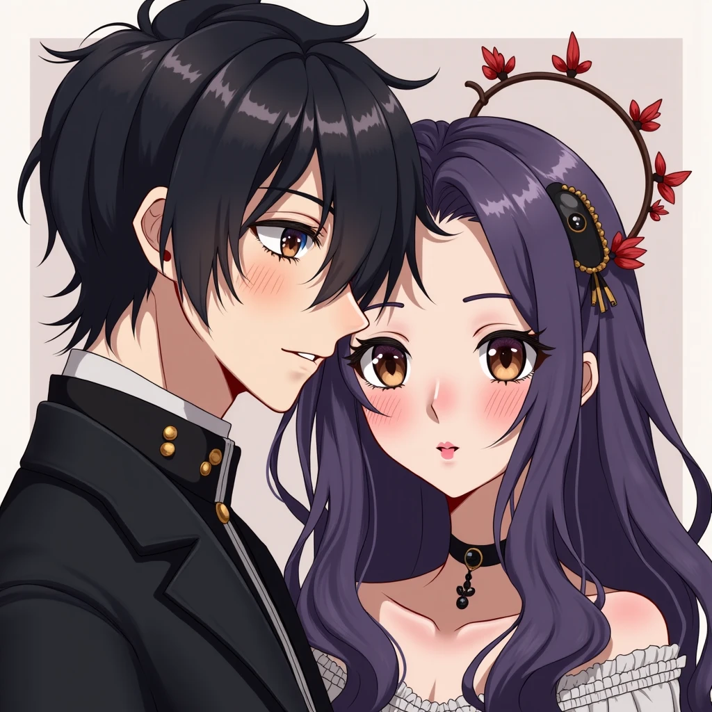Imagine a handsome boy with black hair., dressed in an elegant black suit, already a beautiful girl with pink hair, wearing a beautiful dress of the same color. They are together, looking at the camera with radiant smiles. The boy has his right hand placed gently on the girl's waist, while she has her left hand resting on her right shoulder. They both look relaxed and comfortable with each other..., as if they were a couple in love. The image captures an intimate and special moment between them., full of affection and complicity.