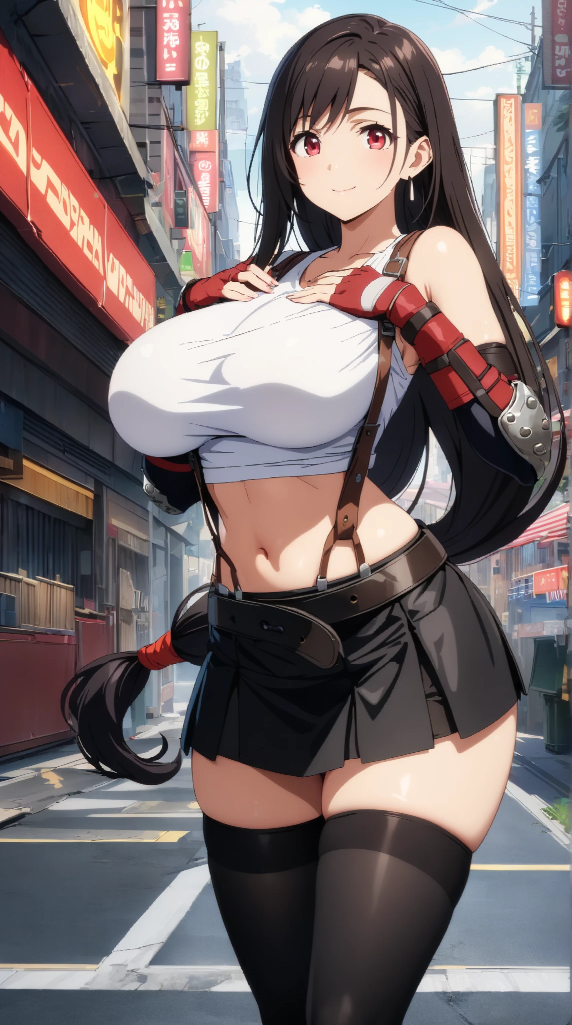 several japanese women with enormous breasts, using sexy fighter clothes in the street