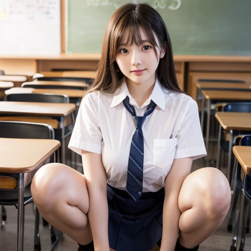 An empty classroom、Gal, (Anatomically correct,),masterpiece, highest quality, RAW Photos, Realistic, face, Beautiful girls, cute, Blunt bangs, Written boundary depth, High resolution, Super detailed, detailed, ighly detailedd, extremely detailedd eye and face, Realistic student, Cinema Lighting, Pale, tanned skin,alone,woman,(Wavy Hair,blonde),(Showing her panties:1.6), (Short-sleeved sailor uniform:1.2),loose socks, ((Sensual;1.5)), ((His shirt is unbuttoned to reveal Cleavage))、(Cleavage:1.2),Sunburn marks on tanned skin、Above the knee shot、Face and body facing forward