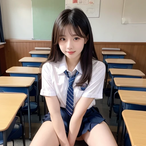 学校の教室に立つ1人のpretty girl,Red Tie Uniform,Dark Blue Closed Blazer,Blue plaid super super super super super super super mini skirt,18-year-old,Brown hair short cut with side waves,best smile,I can see your beautiful thighs,knees,random pose,pretty girl,slender girl,I'm sitting on a desk in the classroom with my legs apart.,My skin is beautiful,wear cute sneakers,natural makeup,