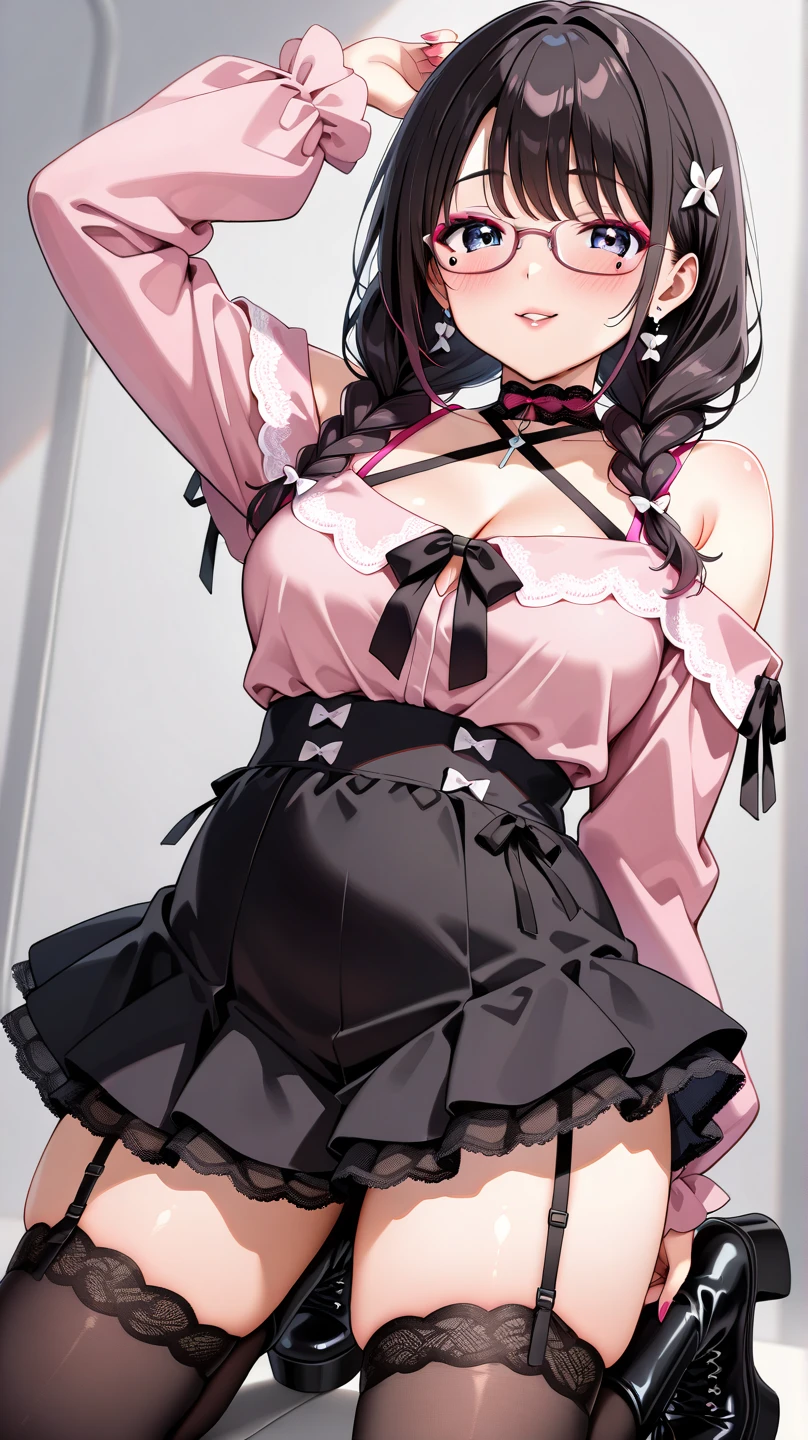 Anime, girl, teenage, hime-cut, short hair, black hair, red eyes, cool, earrings, highlights pink under hair, big boob, sexy-cute, full-bodied, wearing a maid uniform, visiting in home,