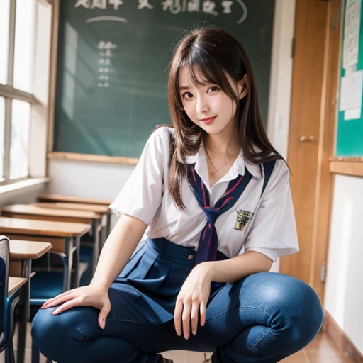 KyokoDG, 1 girl, tie, alone, Jacket, shirt, looking at the viewer, long sleeve, white shirt, collared shirt, sitting in a chair, classroom, pink blood,