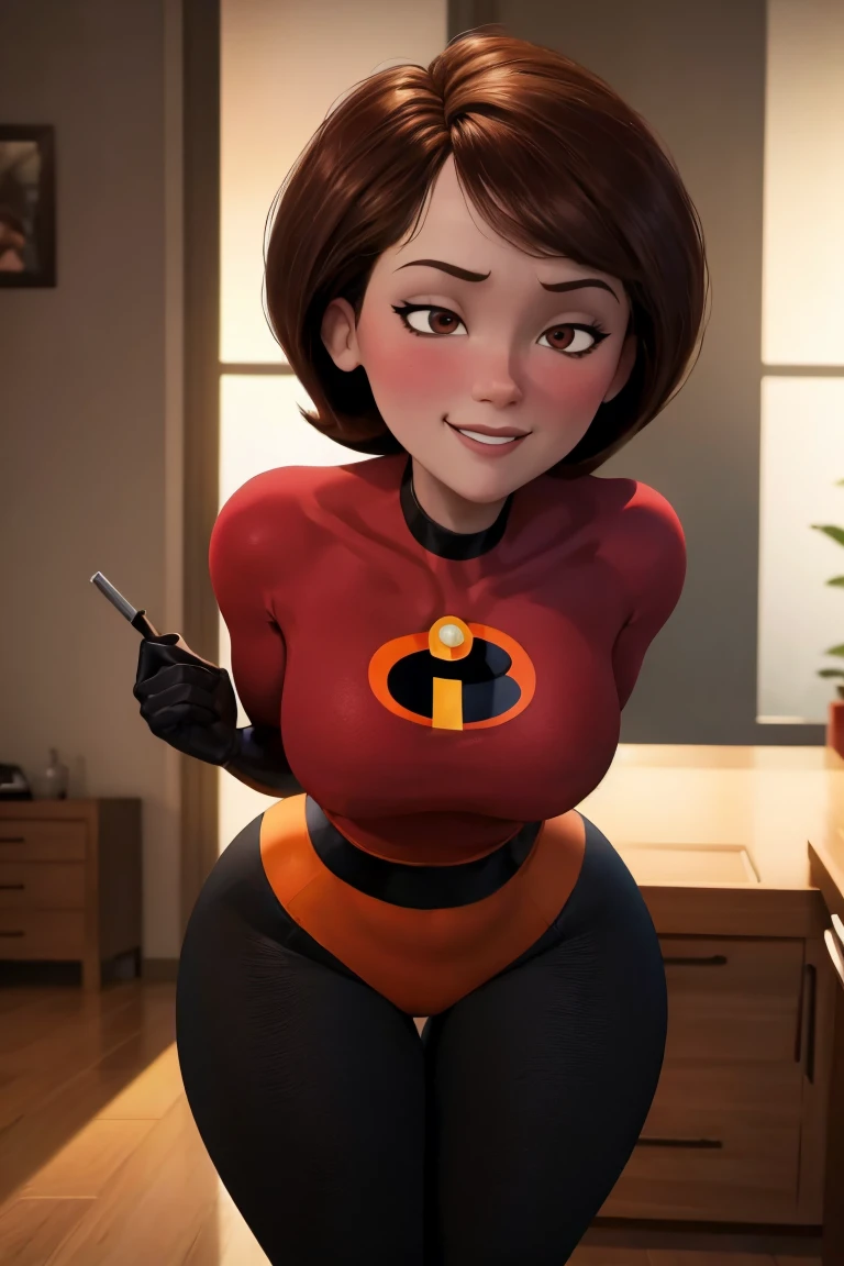 (best quality, 4k, highres, ultra-detailed, masterpiece:1.2), realistic, vivid colors, professional, HDR, studio lighting, ultra-fine painting, sharp focus, physically-based rendering, extreme detail description, portrait, Helen Parr, skintight supersuit, choker, semi-nude, voluptuous curves, seductive gaze, alluring pose, flawless skin, captivating beauty