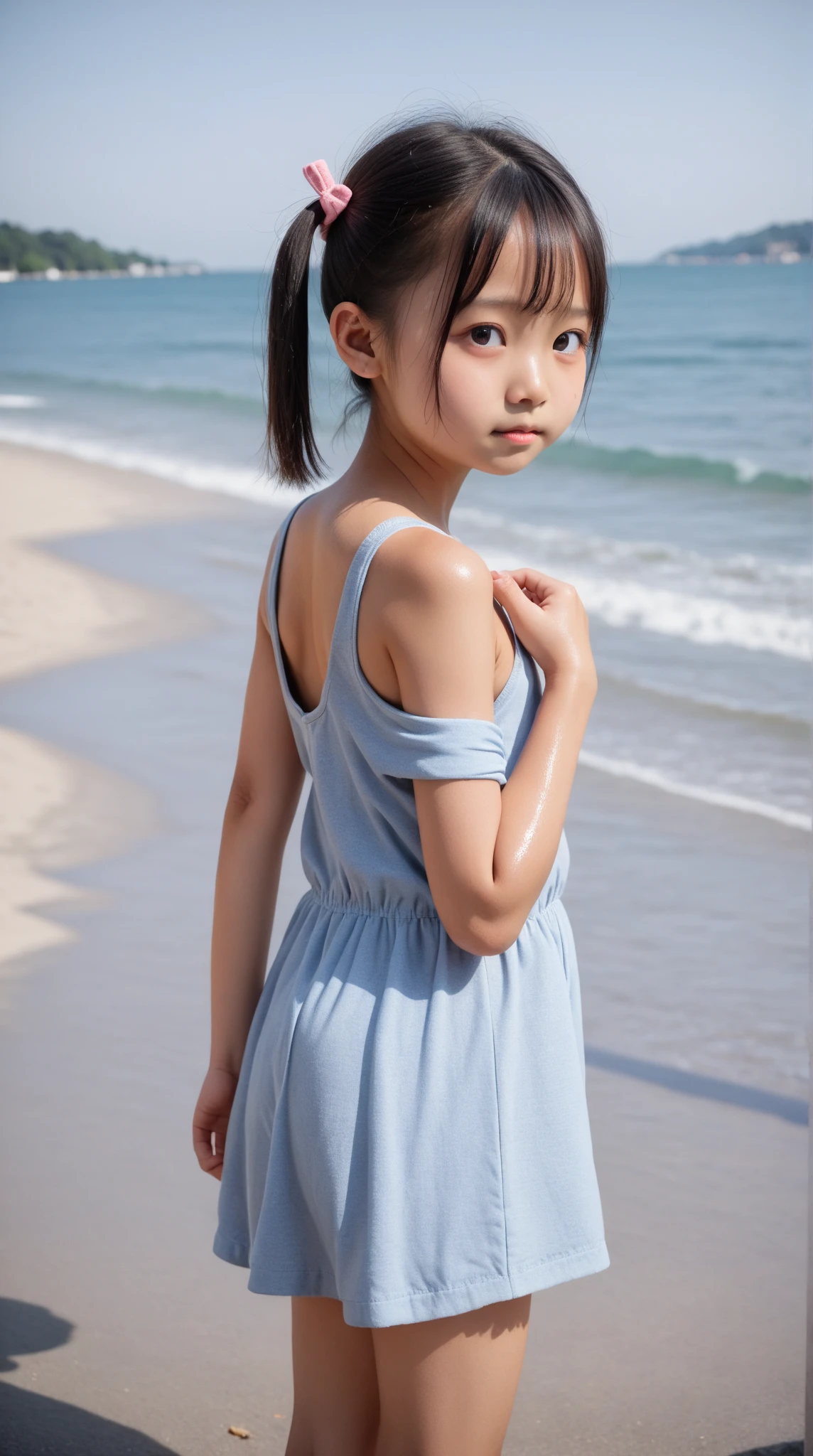 8K、sea the background of、Neat and clean schoolgirl, petite person, (slim, Small, Flat, Small), Twin-tailed, Photorealistic, (Detailed skin texture), Ultra Detail、one piece dress, Super Detailed Face, Detailed lips, Detailed eyes, A 、Delicate eyebrows、Little baby face、Professional Photography、watching at viewers、South Island Sea、full body Esbian、
