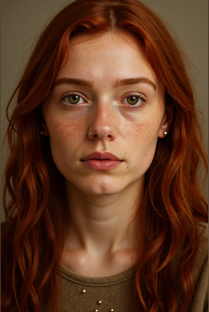(8k, RAW photo, highest quality),(epic realistic:1.5), dynamic posture,erotic face, (detailed eyes:0.8),(looking at the camera:1.4), (highest quality), (best shadow),intricate details,cinematic,((skin:1.4)),interior, dark studio,(hdr:1.5),detailed, (bright lighting: 0.7), masterpiece, perky boobs redhead tall big ass perfect nose curvy round face straight eyebrow good - wearing pearl necklace, hoop earrings, (naked, disheveled, with red ginger matted hair tied in a bun), full-length portrait, captivating eyes, bright details, pouting lips, (high skin detail), medium perky breasts, hard (tint: 0.6), (dirty: 0.8), (bloody: 0.7), Key lighting, (backlight: 0.5), medium depth of field, Canon 5D, 50mm lens, f/4 aperture, (ultra-detailed, complex detail), sharp focus