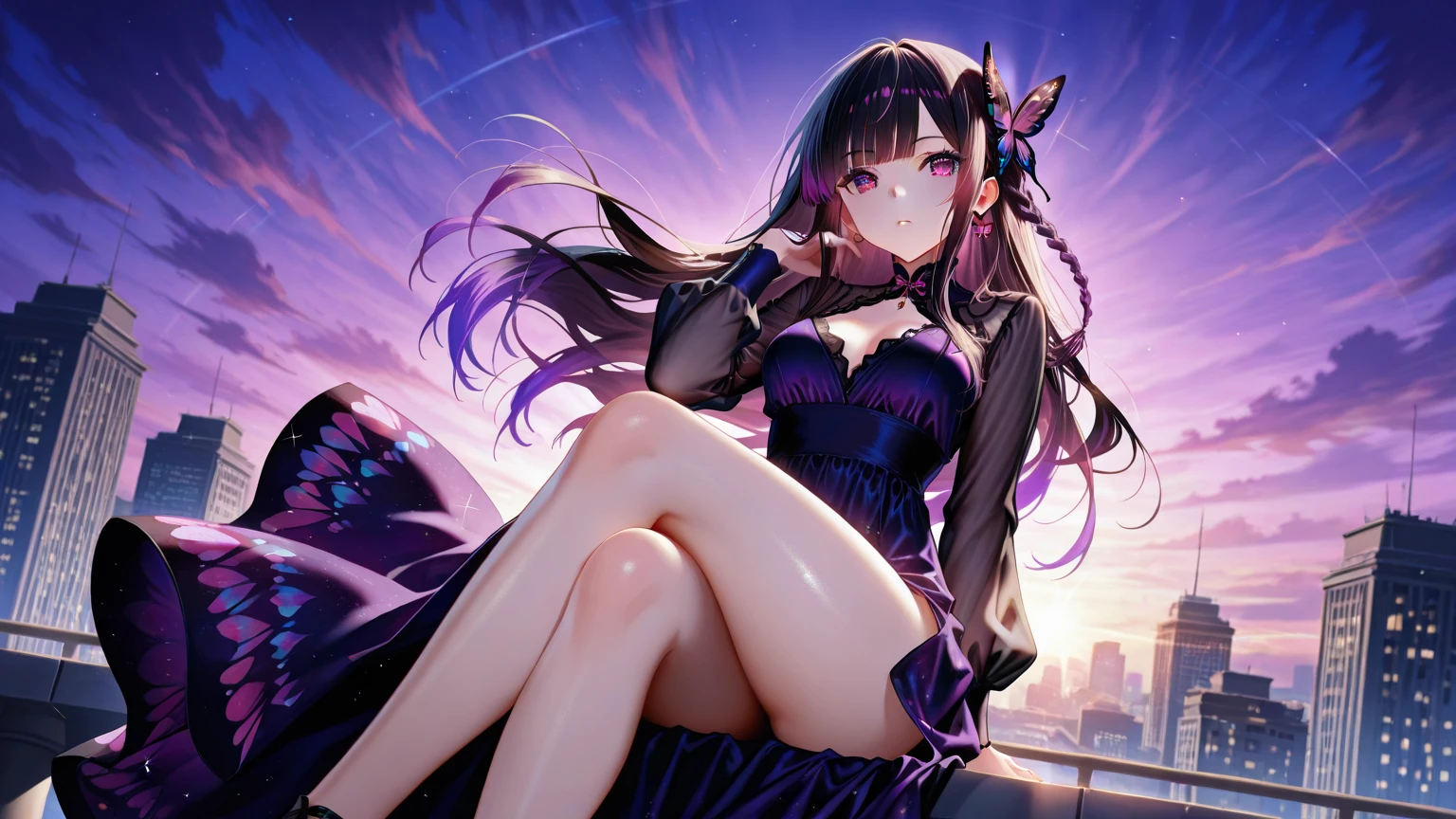 Floral mini dress with fluttering design, high gym boots, female, Purple long hair