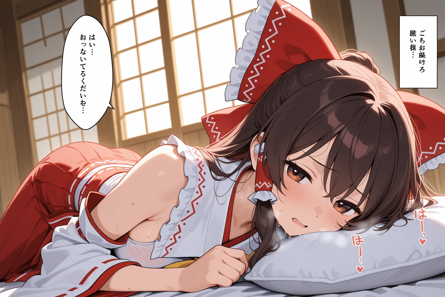 NSFW,masterpiece,Highest quality,High resolution,Super detailed,Reimu Hakurei\(Oriental Project\),Dark brown hair, Removable sleeves, Wide sleeves, Red Skirt, Red vest, Frills, whole body,Embarrassed,Frustrated face,Lust,blush,Expecting face,Seduce,Love Hotel at Night,Luxurious Room,(To flatter),(Sex slave),(Middle-aged men),(Having rough sex),put in,Creampie,(rape),(Squirting),(trembling),Prone,From above