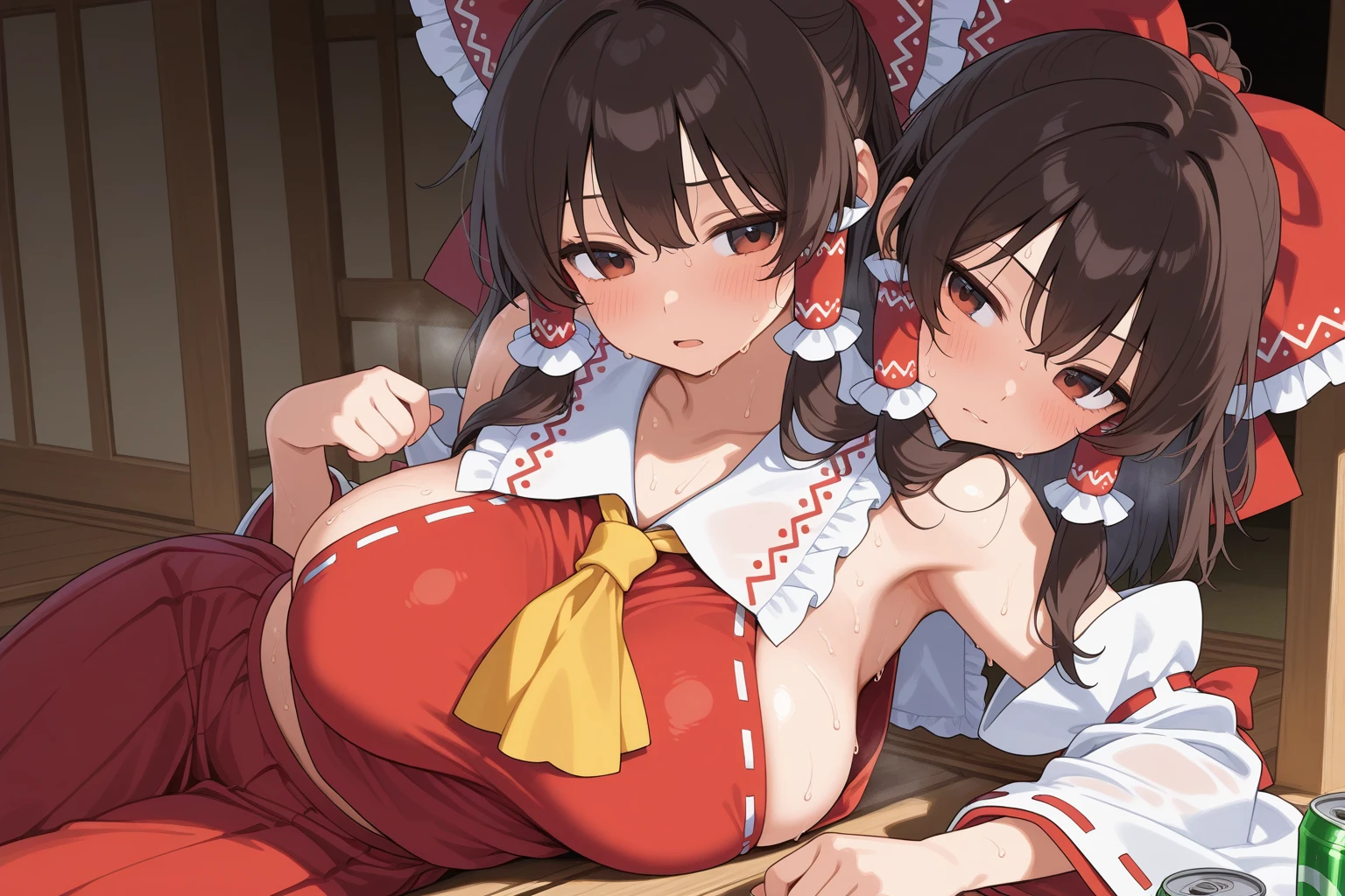 (masterpiece, best quality), best quality, (ultra-detailed), (3heads:1.5), 1girl, (hakurei reimu:1.3), masterpiece, best quality, ultra quality, ultra resolution, ultra detail, red top, crop top, ((stomach)), midriff, ((groin)), red skirt, normal ears, shackles, brown hair, very long hair, wavy hair, sidelocks, brown eyes, detailed eyes, parted lips, sweat, cute, toned belly, hand on own chest, eyelashes, (24 year old woman:1.3), (masterpiece:1.5), (best quality:1.5), (beautiful detailed), extremely detailed CG, extremely delicate and beautiful, depth of field, (finely detailed face), (perfect details:1.2), (mature female:1.3), wide pelvis, slender, large veiny breast, 16k resolution, highres, high quality, high definition, extremely detailed, masterpiece, brown hair, long hair, alluring presence, braid, short skirt, close up, very big tits, huge tits, young, red bow, frilled bow, hair tubes, girl with three heads, three headed girl,