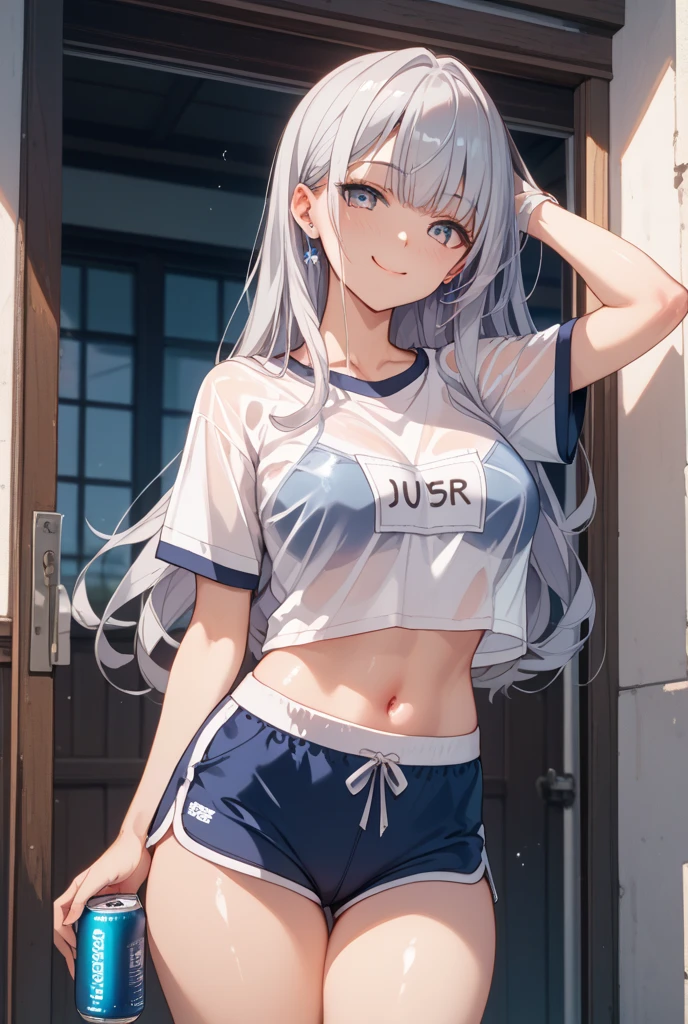 (best quality, masterpiece), 1 girl, centaur, It takes, White skin, Korean , Smiling, Athletic Competition, exposing the abdomen,belly button t-shirt, 아름다운 소녀 perfect white tiger photo, perfect white tiger photo