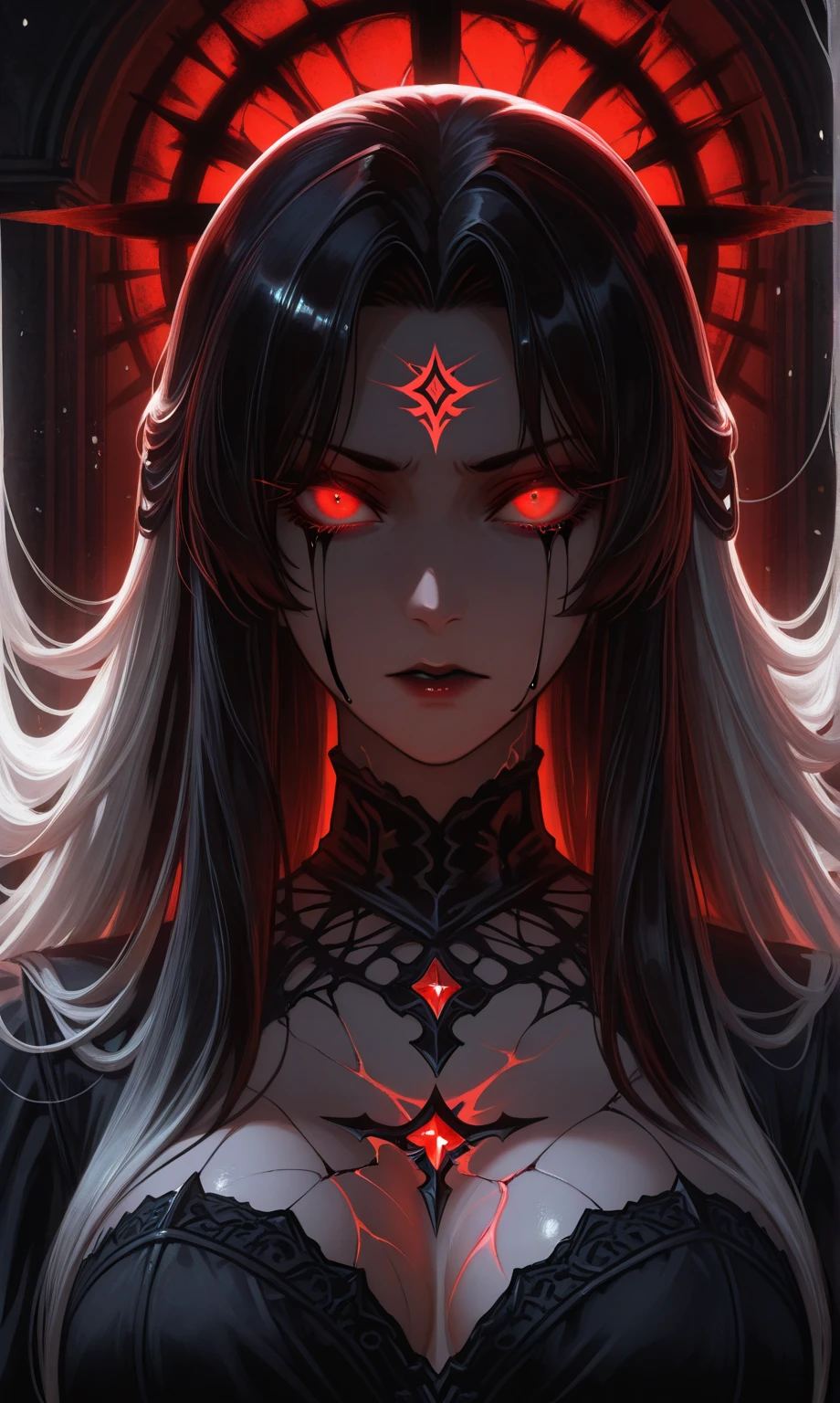 masterpiece, Score_9, Score_8_up, Score_7_up, front view, 1 woman, alone, black hair with red, long hair, parted bangs, dark red eyes, half-closed eyes, parted lips, expressionless, pale skin, large breasts, body suit, black bottom, best quality, horns up, long open bangs, black sleeveless shirt, black V-neck, red baggy pants, high heels.