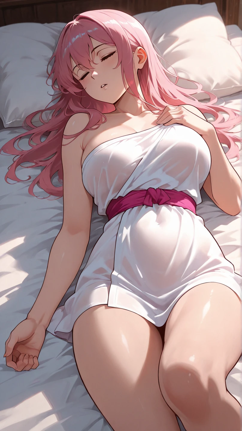 (((Browsing Caution:1.5))),{{Masterpiece:1.5}},{Detailed and beautiful depiction 1.5},Official Art,Beautiful adult woman ,Megurine Luka,Pink long hair,blue eyes,Large Breasts,Erotic smile temptation,Draw the whole body,bedroom
