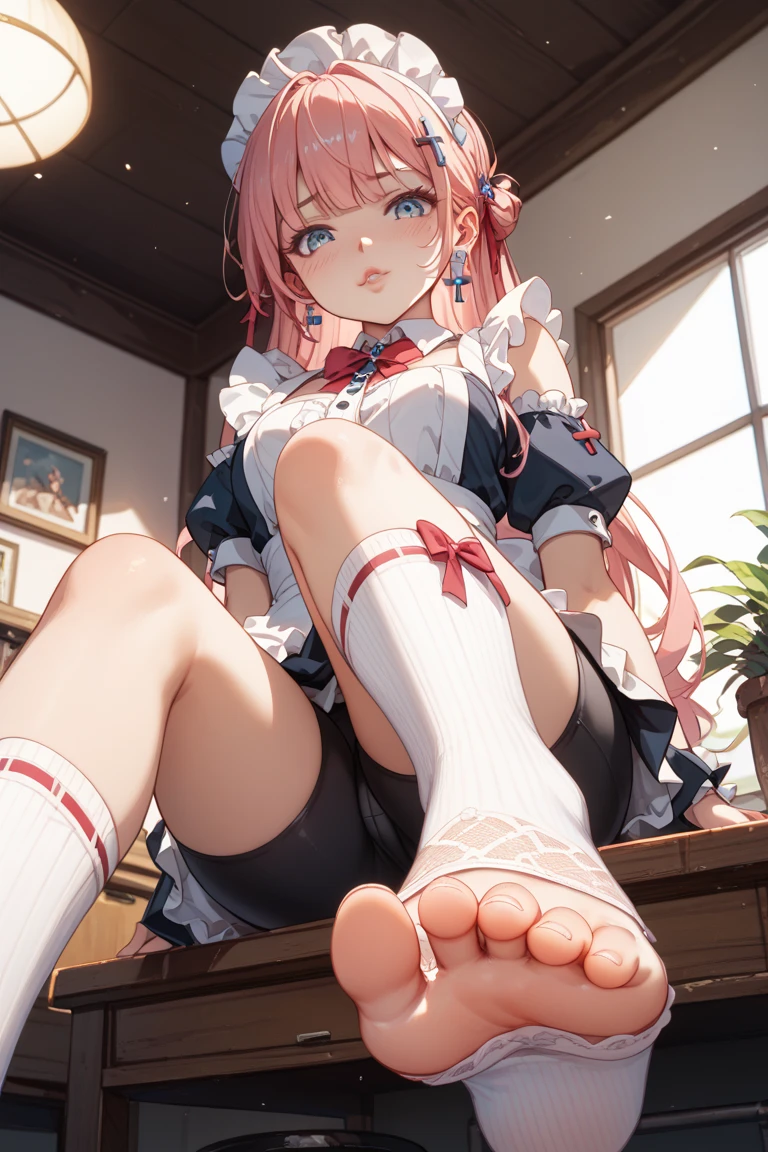 masterpiece, top-quality, ((1womanl)), different red color, finely eye and detailed face, intricate detailes, Casual black and red attire, window, A smile, Happiness, tenderness, high-level image quality、selfee, Beautuful Women、tall、a small face, D-cups, The upper part of the body、nightfall, nighttime scene、𝓡𝓸𝓶𝓪𝓷𝓽𝓲𝓬、Korea person, Idol Photos, Model photo, k pop, Professional Photos, Vampires, Korean fashion in black and red, Fedoman with necklace, inspired by Sim Sa-jeong, androgynous vampire, :9 detailed face: 8, extra detailed face, detailed punk hair, ((eyes are deialed)) baggy eyes, Seductive. Highly detailed, semi realistic anime, Vampires, hyperrealistic teen, Delicate androgynous princess, imvu, ((short hair woman)), red hair woman with wild look, ((Woman with short red hair, big perky breasts, deep cleavage, oily skin, oily body)), ((1 persons)), Sitting on sofa, legs crossed, POV from below,