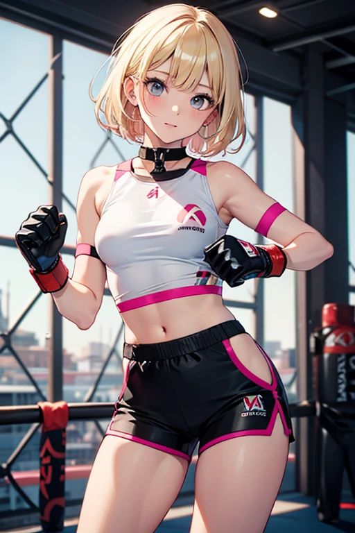 (masterpiece, best quality:1.2), cowboy shot, solo, 1girl, framme, smile, closed mouth, looking at viewer, hand on hip, hat, sleeveless, pelvic curtain, bike shorts, gloves, ((Tight leotard)), ((sexy pose)), ((Wrestling ring))