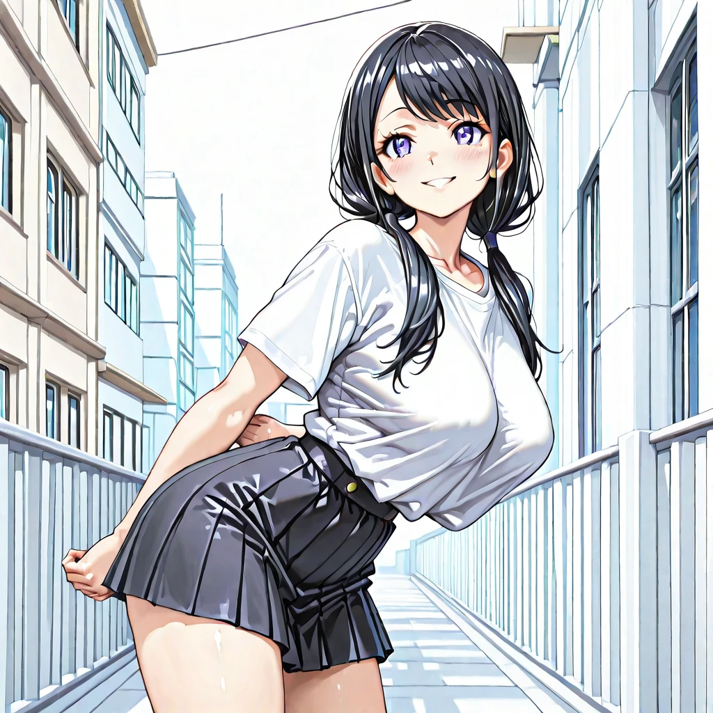 One woman, blush, Sweat Embarrassed Smile Showing Nipples Front, Short Hair, Black Hair, Feel Flat Chest Pubic Hair 8k, Very detailed, 16K, (naked), City Walk Black eyes Pink polo shirt Short sleeves Black skirt Skirt lifted Lifting skirt with both hands No panties Pussy Looking at me from below