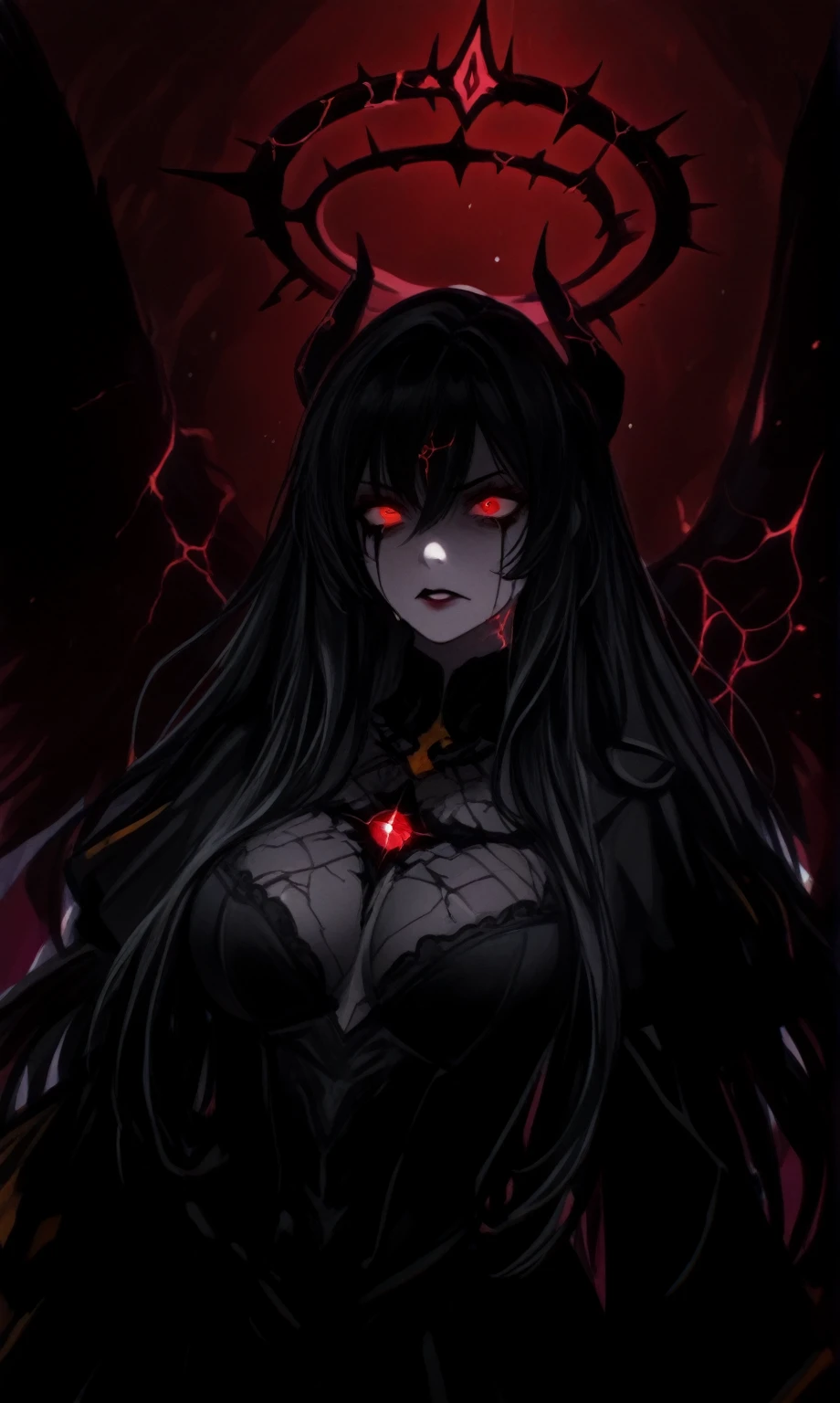 Create an image of a stunningly beautiful perfect fantasy death knight , Stunningly gorgeous beautiful perfect sexy face, perfect makeup, lipstick, curved eyebrows, long luscious eyelashes, black eyeliner,hyper detailed long hair, crazy eyes, hour glass body figure, natural breats, showing clevage, dirty blood soaked lingerie, covered in blood.Raining blood
From a lacerated sky Bleeding its horror Creating my structure Now I shall reign in blood!,