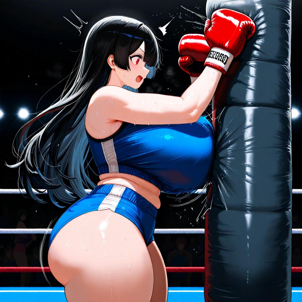 full body photographed、(highly detailed:1.2) ,ultra-detailed,top-quality,hight resolution,japanese mature woman,she is 35 years old,profile view,Big eyes、white sporty boots、boxing gloves,wearing tanga,topless,hard nipples,gleaming skin,pro-wrestling venues、female boxer、((On the ring of boxing:1.3))、sagging tit,plump,(standing:1.3),sweating,steam,serious face,shot from side,looking distantly.