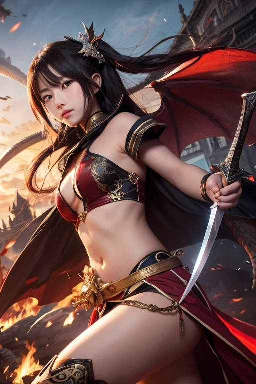 A woman with a spear and dragon wings on her back floats over the city, Detailed depiction of pretty faces, purple long hair,The black and blood red short armor has intricately carved decorations.,, 8K, HDR, full-body shot,Surreal work, Detailed works, Blood red armor, Gorgeous armor with black and blood red designs,navel , hyper-realistic, Super detailed photos, realism style,