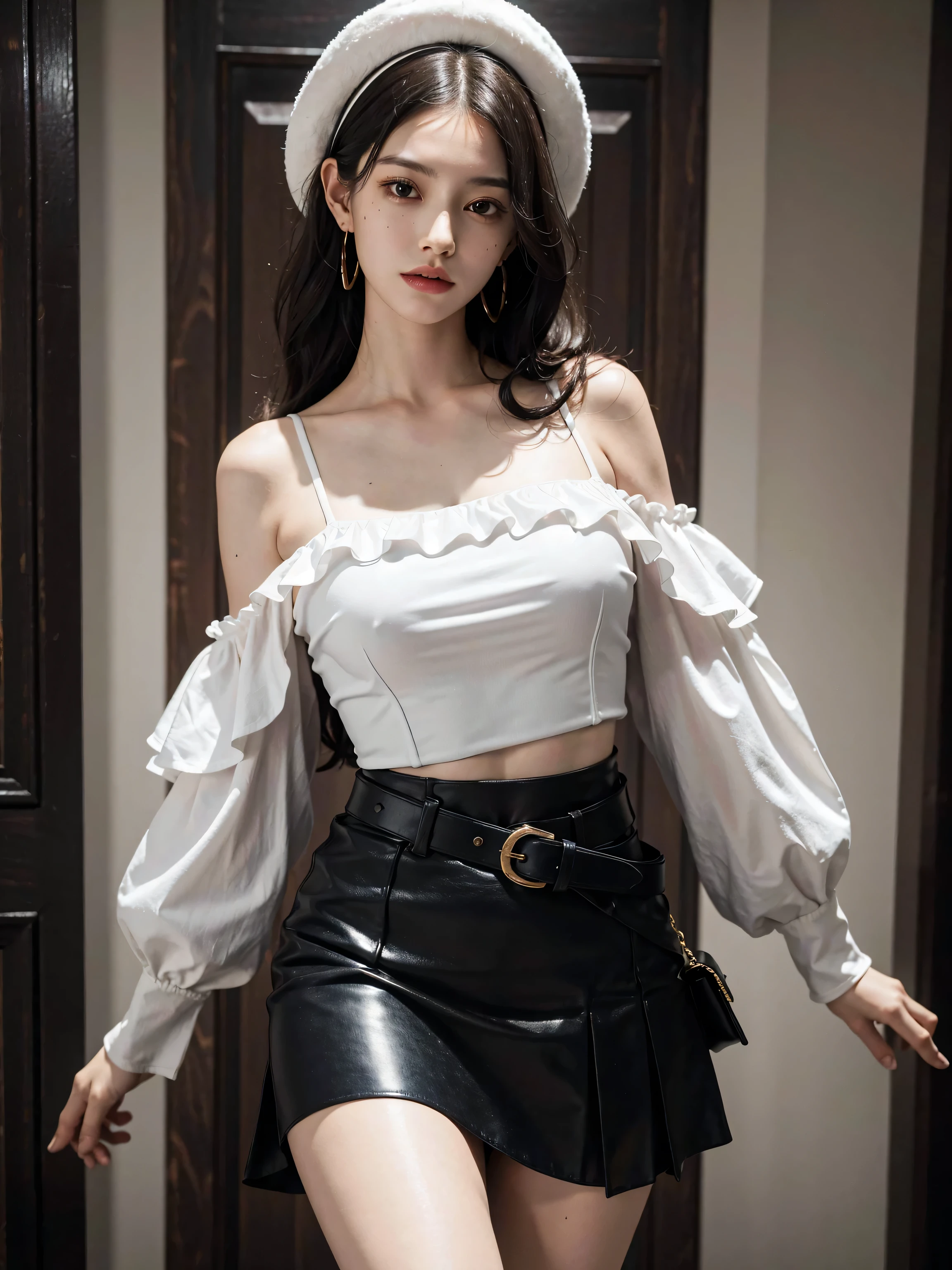Taiwanese women，Female Model，Slim，Good shape，big breasts，HD， off-shoulder Crop top , leather mini skirt，under knee boots，blond,whole body photo