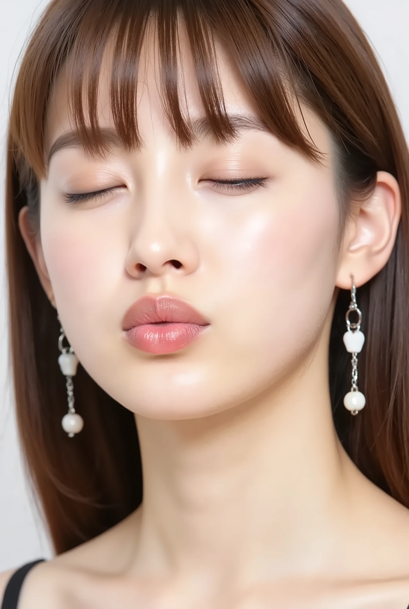 ultra-detailed close-up of a beautiful girl, collarbone-up composition, white studio background, soft natural lighting, slightly elevated camera angle (around 35 degrees), full face and head visible in frame, chin slightly raised, eyes gently closed, deeply affectionate smile, cheeks and ears flushed, dreamy, blissful, euphoric expression, mouth puckered and protruding with a rounded kiss shape, glossy moist lips with shimmering highlights, soft lips reflecting light, extreme focus on lips, inviting kiss pose, longing expression, desperate affection, dere-dere mood, hands behind her back and not visible, natural skin texture with visible peach fuzz, matte facial skin, black camisole strap visible, soft head tilt, bokeh background and soft facial contour blur to emphasize lips, overflowing with affection and dazed joy