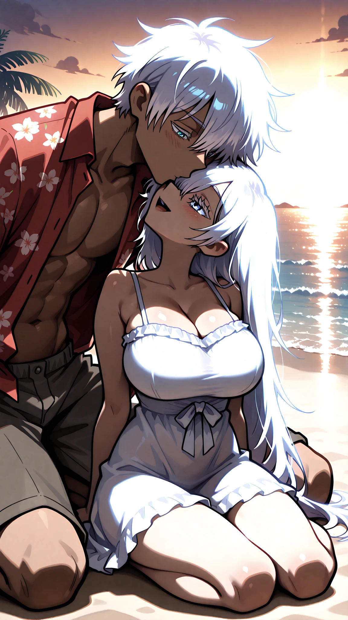 NSFW,masterpiece,Highest quality,High resolution,Super detailed,Shirakami Fubuki\(Hololive\),Gray Hair、One-sided braid、Ahoge、Earrings、Fox Tail、(Sexy Halter Cross Micro Bikini),Embarrassed,Frustrated face,Lust,blush,Expecting face,Smirking face,beach,Palm tree,Rock Shade,(To flatter),want,Streaks,(Sex slave),(Middle-aged men),A man puts his hands on her waist and hugs her,Having sex,Insert,Creampie,(Brown Skin),heart,Surrender,Wet,hug,From the side