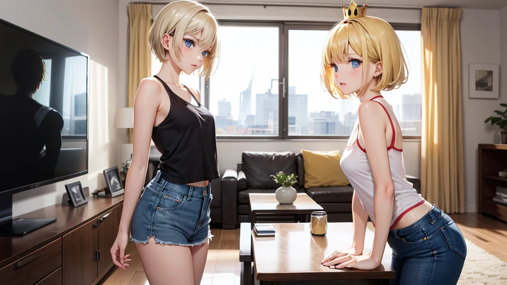 (top-quality,High resolution,(Ultra high definition,4K), (超A high resolution,in 8K),masutepiece:1.2), (Perfect Anatomy,Anatomically accurate), (Angle from below), (Soft lighting, rendered), (cute mother and daughter), ((Sitting on a sofa in the lobby of a luxury hotel,itting open legs)), ((Girls' High School Sailor Uniform)), (Red lace panties), (fascinated expression), (Crisp double eyelids), (Large breasts:1.3), (Soft skin), (Photorealistic), (Glowing skin), (blondehair), (Pixie Cut)