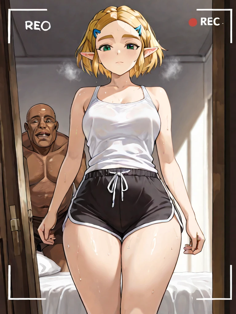 score_9, score_8_up, score_7_up, source_anime, 1girl, ((mature female)), on couch, standing, blonde female, braided ponytail, long ponytail, ikuchan, blush, shy, no panties, nude, BLACKED, ((milf)), front, dress, sling bikini, breasts, standing, indoors, standing near door, door, entrance, home, 1boy, dark skinned male, girls, white dress hand on boy shoulder, size difference, clothed male, faceless male, smirk, biting own lips, hand on shoulder, ((embrace)), tall male, size difference