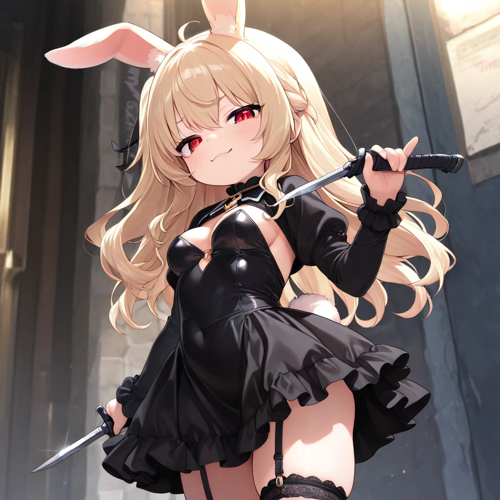 1girl, solo, long hair, breasts, looking at viewer, smile, open mouth, bangs, blonde hair, red eyes, thighhighs, white background, holding, animal ears, bare shoulders, full body, weapon, small breasts, boots, holding weapon, armor, rabbit ears, hair over one eye, high heels, leotard, highleg, helmet, polearm, black leotard, highleg leotard, holding polearm