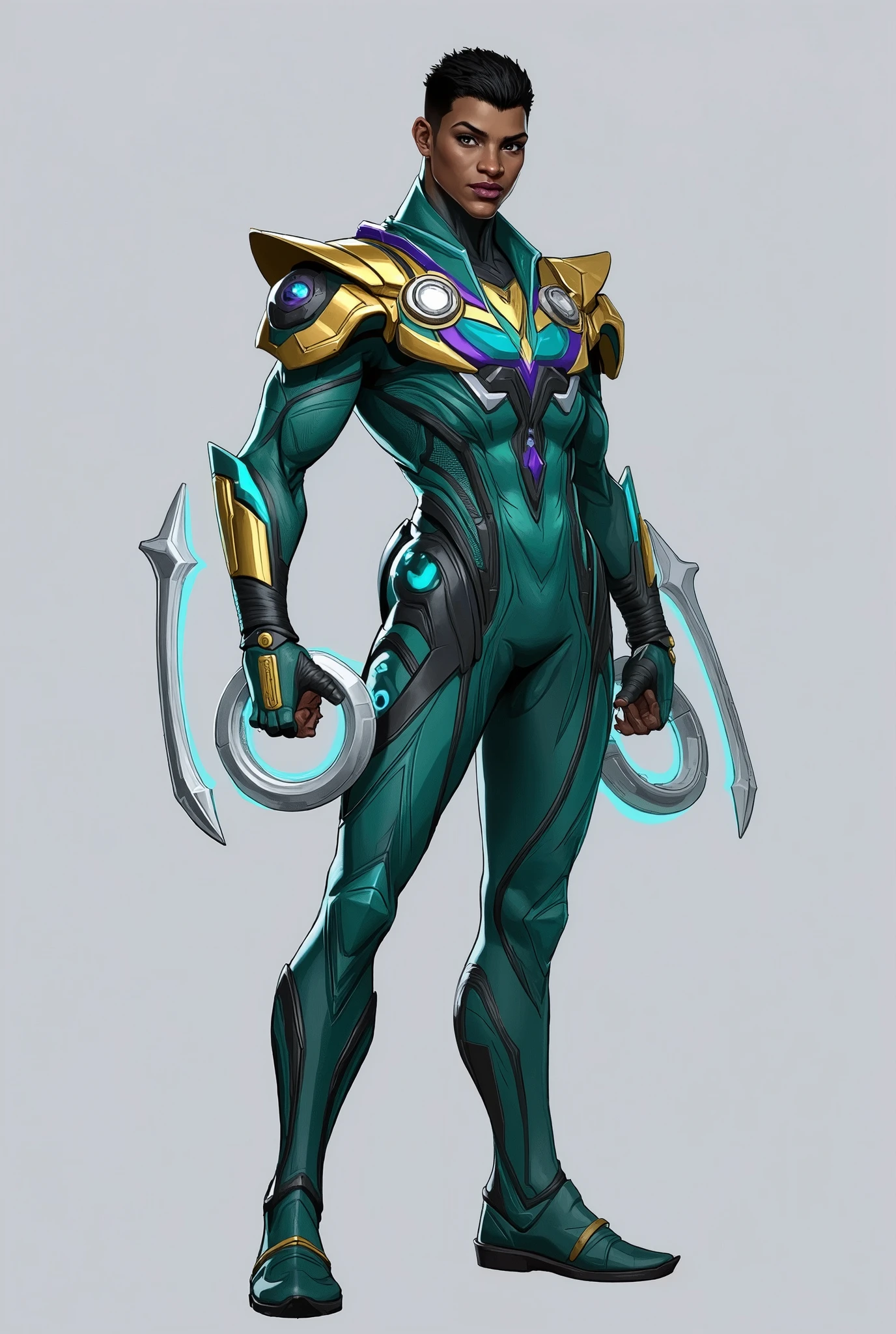 NAKIA – DUELIST | MARVEL RIVALS (SHORT PROMPT)
Nakia wears a sleek, full-body vibranium-weave suit in sea green and turquoise, accented with royal purple tribal lines and golden shoulder plating. Her armor is lightweight and agile, tailored for high-speed dueling. The suit features kinetic energy seams that glow faintly during movement or attacks.
Her dual vibranium ring blades—silver with glowing blue glyphs—attach magnetically to her back when not in use. She wears fingerless tactical gloves and stealth-boosted boots with vibranium grip soles. Optional: a retractable Wakandan helm with a dark visor and gold-green trim.
Her aesthetic merges Wakandan tech with River Tribe elegance—futuristic, ceremonial, and combat-ready.