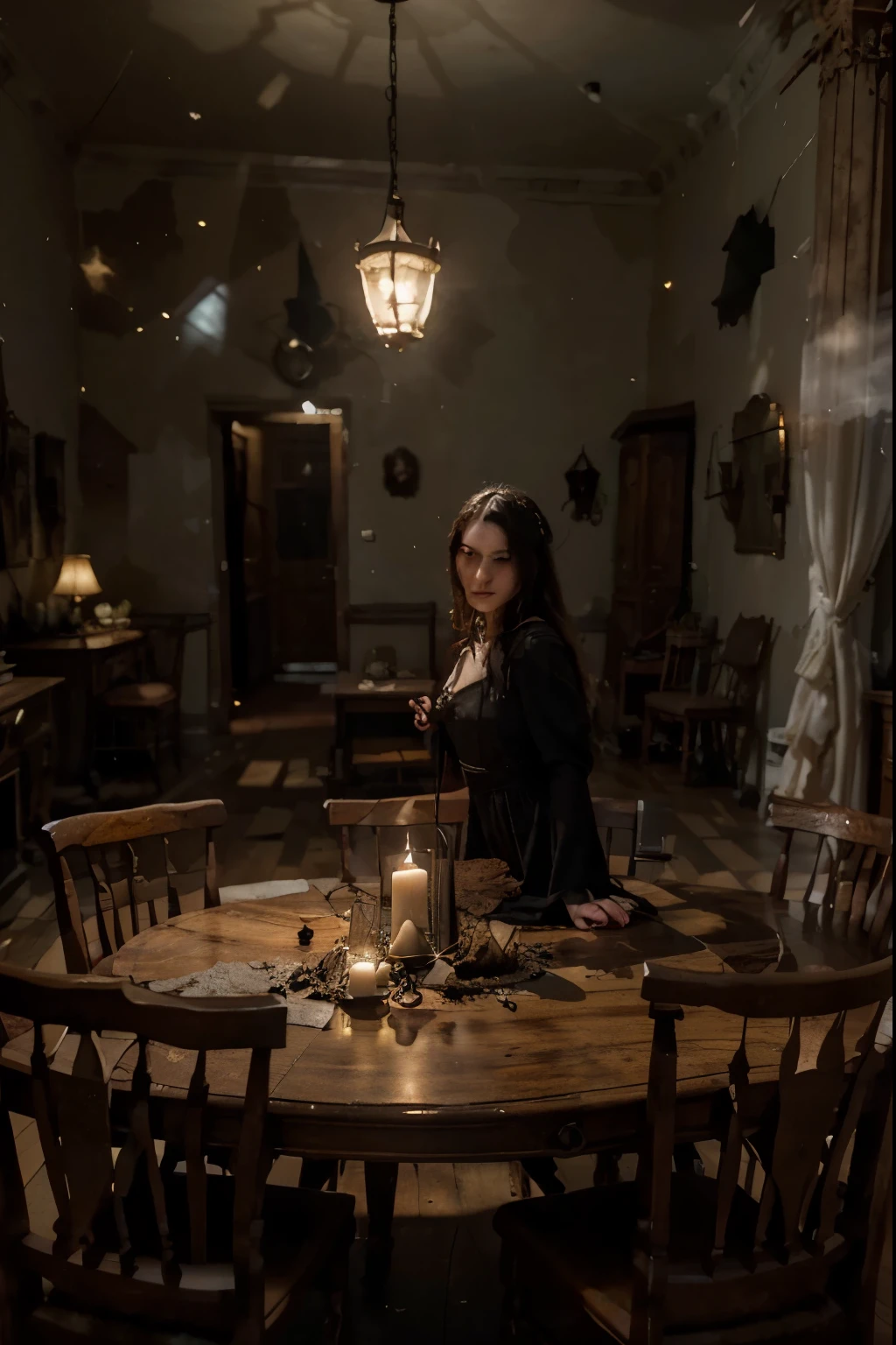 An ancient, decaying manor shrouded in fog, lit only by the pale glow of the moon. The air is cold and damp, while cobwebs sway in the dark hallways. In a large room, an old carved wooden table is surrounded by dust-covered chairs. Ghostly figures dressed in period clothing slowly emerge from the shadows, their faces blurry and eerie. The chandeliers flicker, as if an unseen presence is moving through the room. In the corner, an ancient, cracked mirror reflects a figure that shouldn't be there. The atmosphere is gothic and frightening, with a growing sense of foreboding and exquisite details that evoke the mysterious and supernatural.