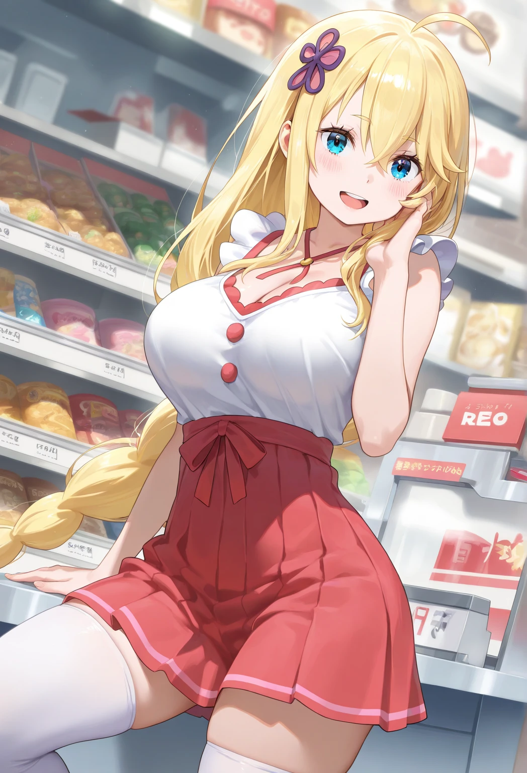 ,long hair, , kagamine rin , blonde hair, blue eyes, hair band, , empty eyes Running, wearing nothing, big anime eyes, , shiny hair, bare-skin, navel, the groin, BREAK in front of convenience store, large breasts、 Nipples, nsfw, nipple , Heavy snowfall