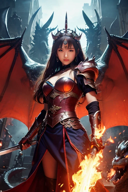 (World of Darkness),(Bleeding from the head), Professional , masterpiece、top-quality、photos realistic , depth of fields (Gemstone Black Metal Body:1.4),(Matte Black、Toostock、(cleavage of the breast)、((Random Hairstyles 1.6),Dark Fantasy,)explosions、intense fighting、Blood on the face,Blood Rain,Blood fog(blood splattere:1.2),Dragon Gold Weapon,Mystical expression、Particles of light、Fight dragons、(Toostock),Gorgeous Silver Weapons ,(( Dragon's dense and gorgeous sword)) ,,Detail and gorgeous crown、((Red hair))、(Castle background)、、((Gangle's forest background))、Beautiful Caucasian beauty、1a person、dynamic ungle,(((Detailed and ornate Black Devil Crown)))、Smaller head、A smile、Castle background、Thin and beautiful female hands、cleavage of the breast、Soldier in iron armor on background、Mystical expression、Light Effects、intense fighting、Wind-effect、magic circles、With the legendary magic wand、(demonic wings)、