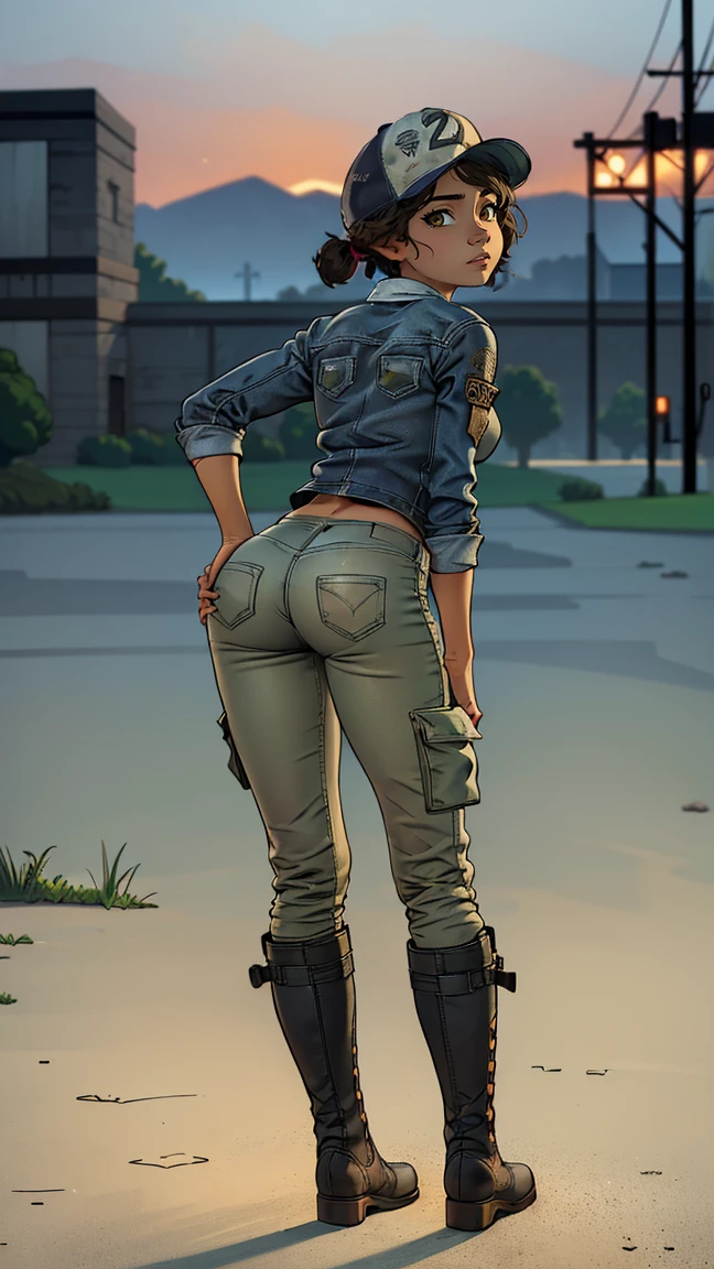 ((masterpiece, best quality)),(complex lighting) ,solo,(((1girl))) ,clementine, light skin,light-skinned female, baseball cap, green cargo pants, brown eyes, tight pants, combat boots, shirt, short hair, one short ponytail, open denim jacket, huge butt, thicc butt , (((8k))), (((full body))), (((bent over))), (((looking at the viewer))), cameltoe